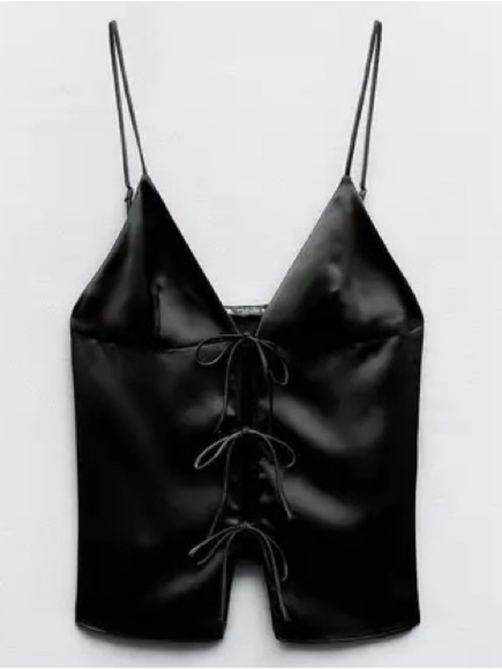 Zara Black Satin Three Tie Front Top. Size Small